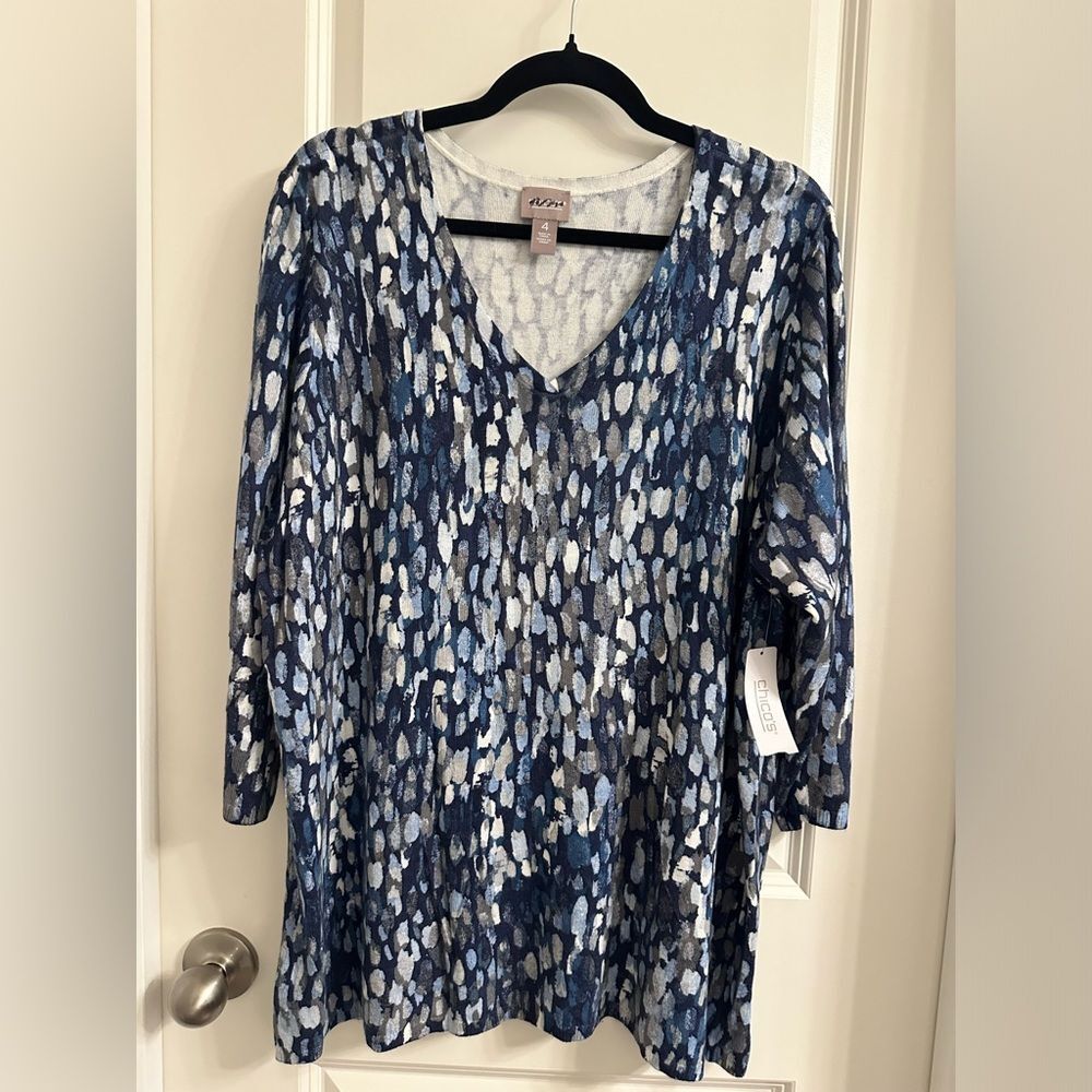 Chico’s Colorful Dots 3/4 Sleeves Sweater SZ 4 V Neck Pullover Top Color Blue